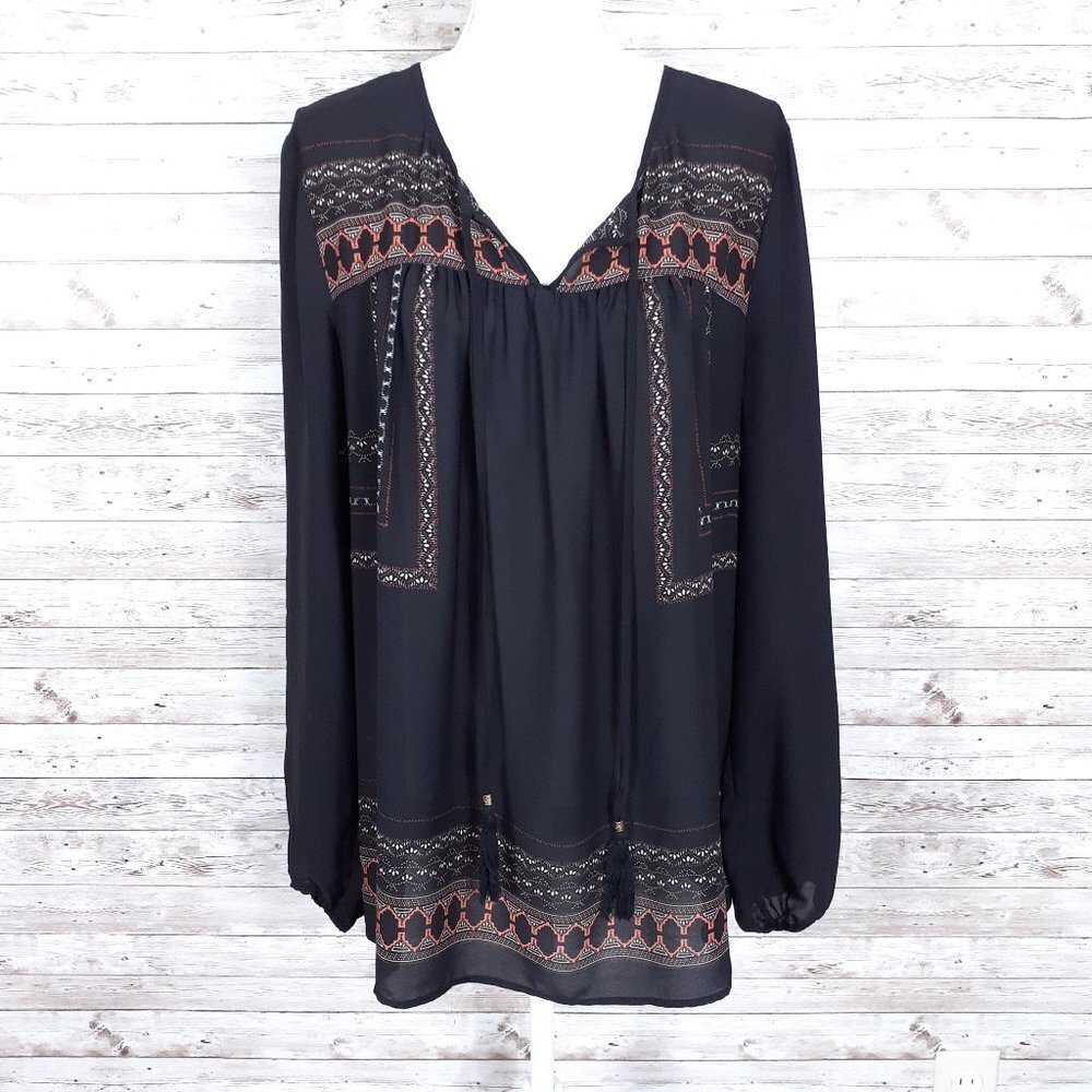 Black Rainn Womens Top XL Boho Tassels Black Orange 621A